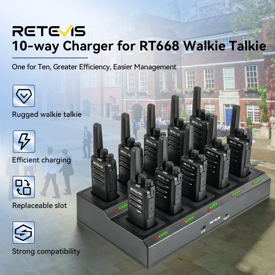 Retevis RT668 Walkie Talkie 10 szt. Komunikacja Przenośny zestaw bezprzewodowy USB Stacja ładująca Licencja za darmo dla bezpieczeństwa w restauracji