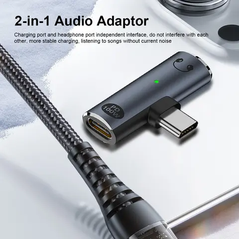 2-in-1 USB Type C To 3.5mm Headphone and Charger Adapter PD 100W USB C To Type-C Converter with Aux Audio Jack Earphone Splitter
