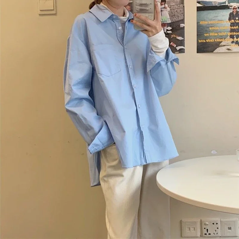 

Рубашки женские, универсальные, модные, Ulzzang, дышащие, однотонные, с длинными рукавами, уличная одежда с карманами для отдыха, ретро, студенческие, простые, уютные, Mujer