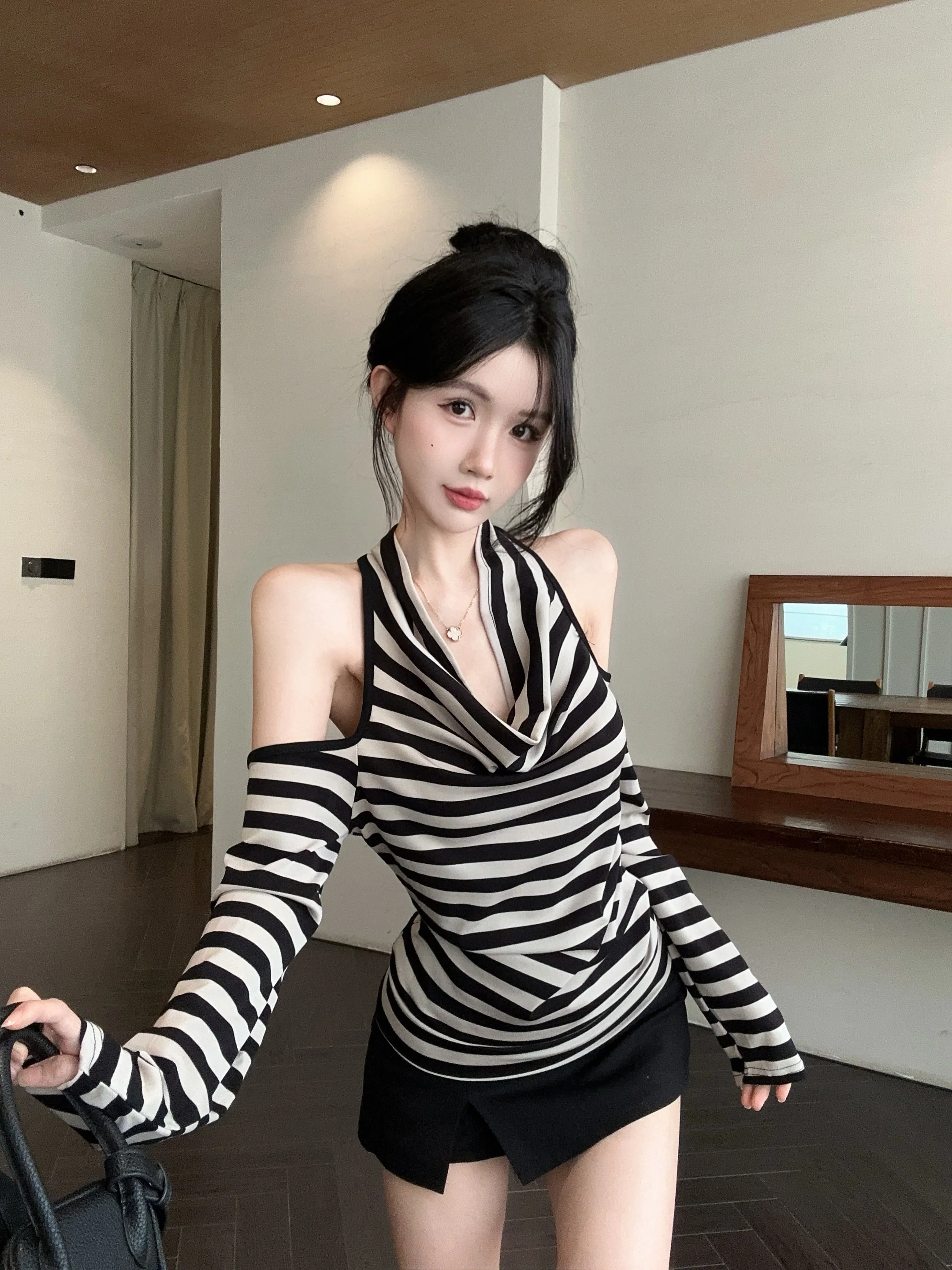 Dopasowany, w paski, z wiązaniem na szyi, elegancki strój dla druhen, modny, lekko zwisający top, długi rękaw, oddychający, chiński produkt...