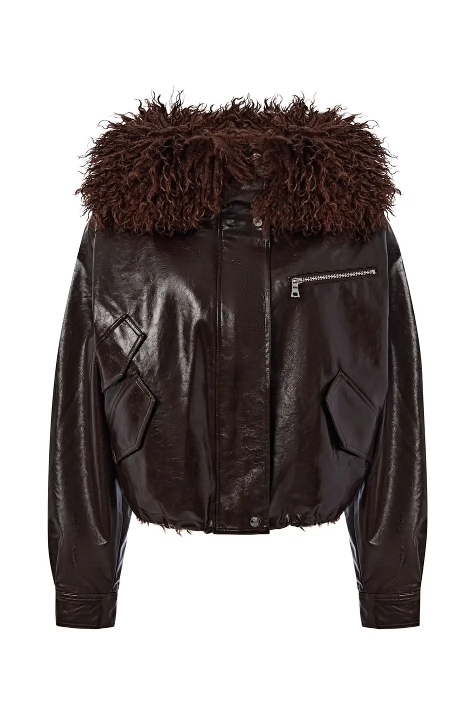 Laur 2026 Women Faux Leather Short Jacket With Fluffy Big Fur Collar Oversized Warm Winter Biker Coat For Ladies