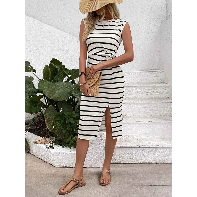 【SEE】 Robe t-shirt mi-longue d'été à rayures torsadées et fendues sur les cuisses pour femmes