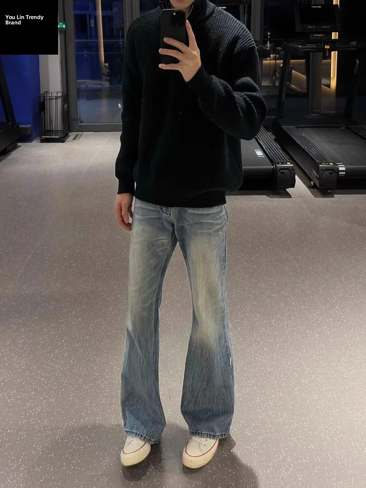 

Светло-голубые мужские джинсы из бамбукового волокна с флисовой подкладкой, прямого кроя, в стиле High Street, облегающие, для повседневной носки и путешествий