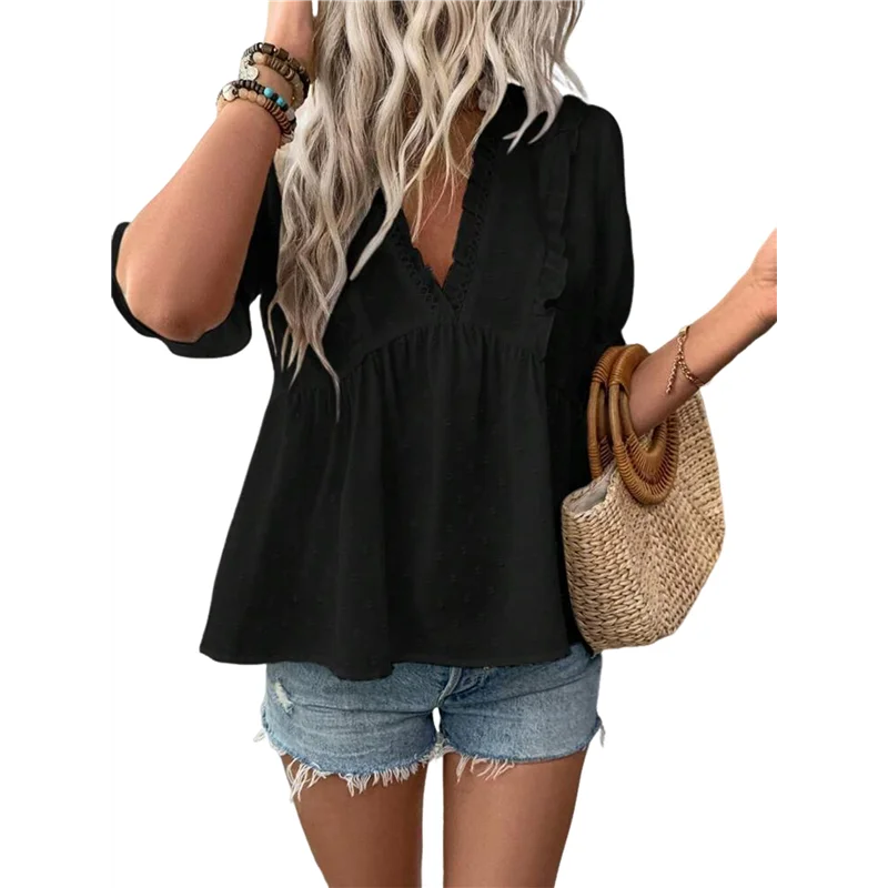 AOAO – Blusa feminina de verão de manga curta babydoll com babados e decote em V e bolinhas