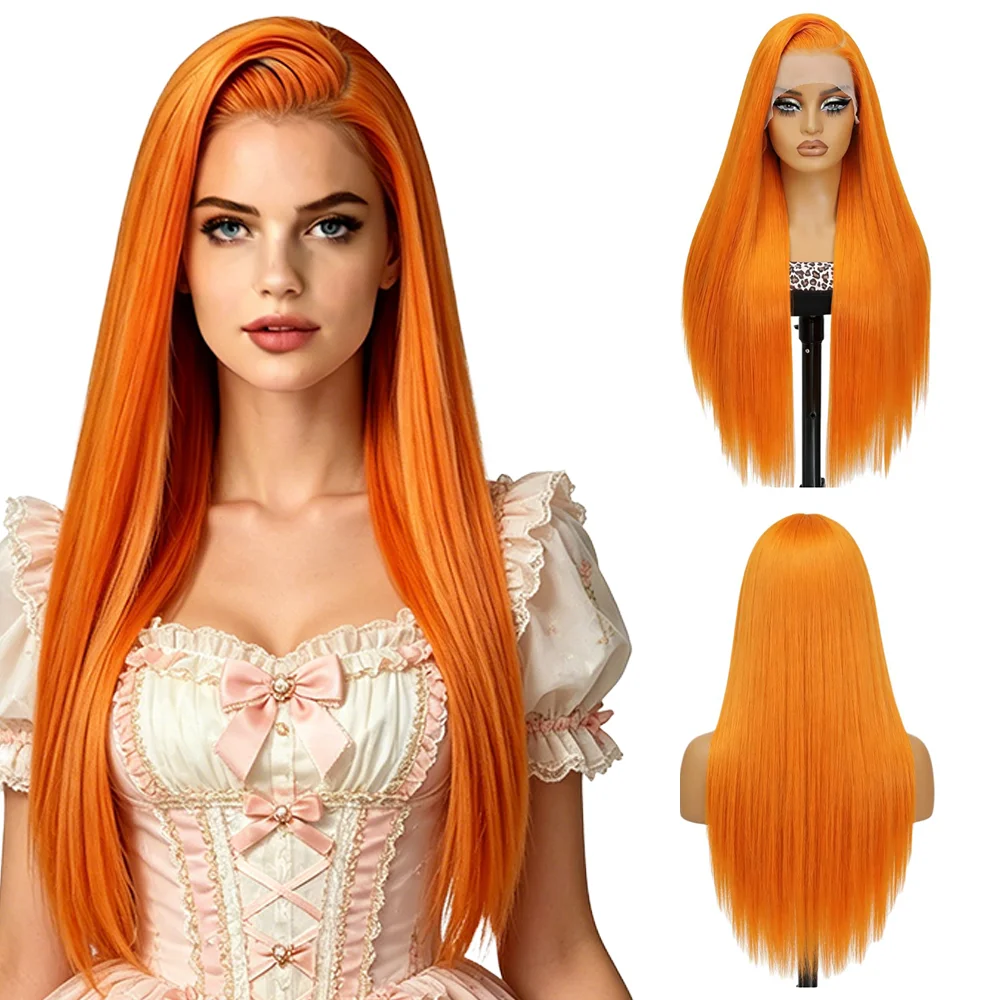 13x4 Lace Front Wig Bright Orange Long Straight Synthetic Wigs For Women Heat Resistant Glueless Wig Cosplay Party Daily Use