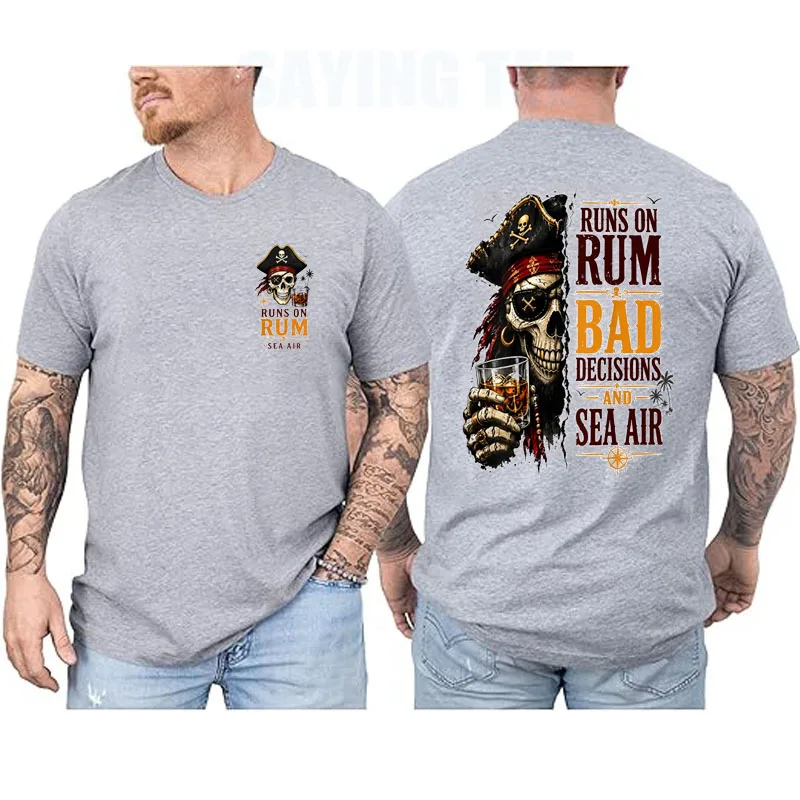 Runs on Rum Bad Decisions and Sea Air' Funny Pirate Skull T-Shirt Y2k Men's Fashion Soft Cotton Joke Saying Tee Short Sleeve Top