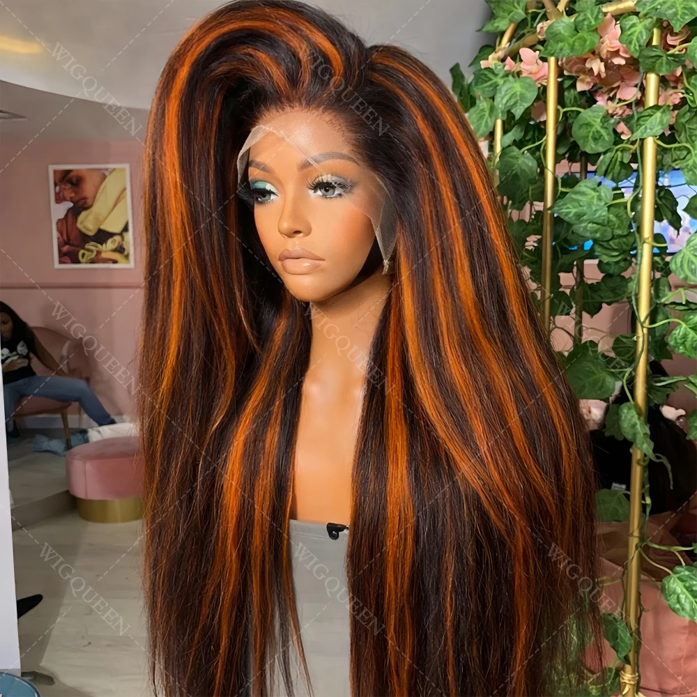 

200％ Density Ombre Brown Ginger Yaki Straight 13x4 Lace Wigs Kinky Straight 4/350 Highlight Glueless 5x5 Human Hair Lace Wigs