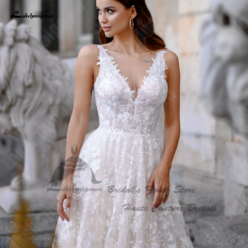 Lakshmigown abito da sposa in pizzo bohémien di lusso A Line 2023 Robe Femme Princess Bridal Beach abiti da sposa con scollo A V aperto sul retro