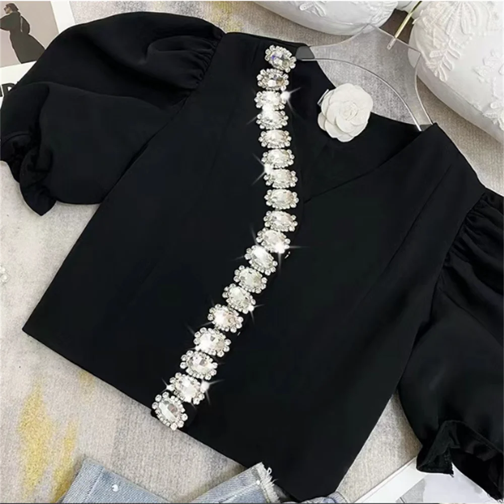 Diamond bubble sleeve V-collar shirt short blouse black T-shirt