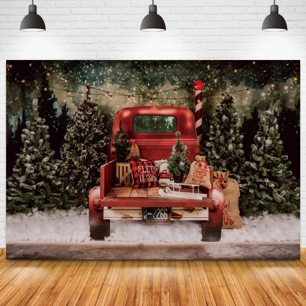 

Christmas Car Winter Snow Forest Backdrop Photography Studio Snowflake Red Car Newborn Baby Portrait Photo Background Photocall