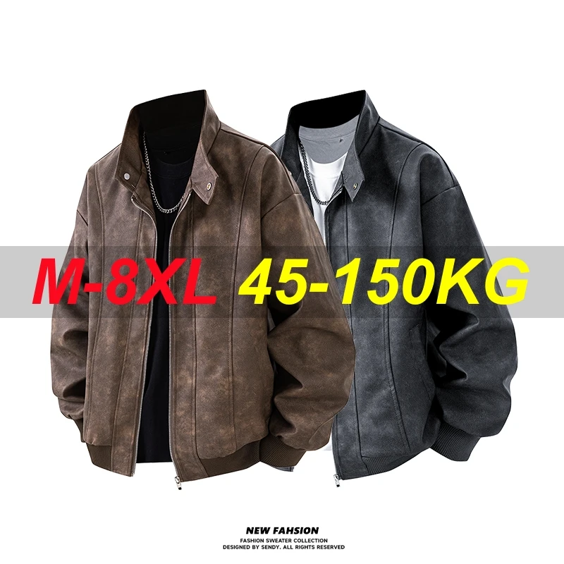 Chaqueta de hombre de cuero PU 2025, cazadora de primavera, gabardina de gran tamaño 6XL 7XL 8XL de talla grande, abrigos sueltos impermeables con cuello levantado de marca