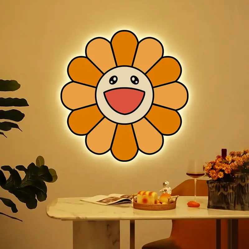 Nordic Rainbow Sunflower Wall Hanging Painting Smiling Face Colorful Sunflower Wall Mount Light Ornaments Living Room Home Decor