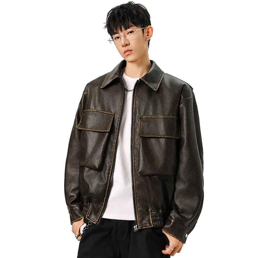 

New Men Streetwear Fashion Loose Casual Leather Short Motorcycle Bomber Jacket Coat Retro Old Fashion PU Leather Cargo Jacket