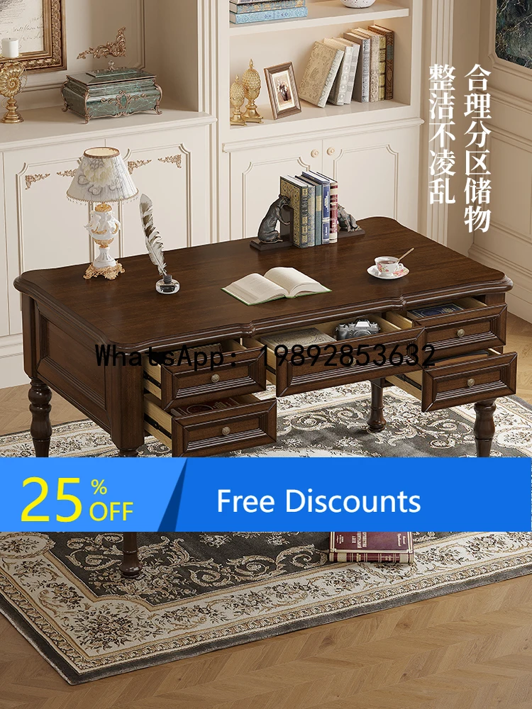 

LYY American Retro Solid Wood Desk Large Board Home Old Money Country Classic Corner Solid Wood Desk and Chair Set