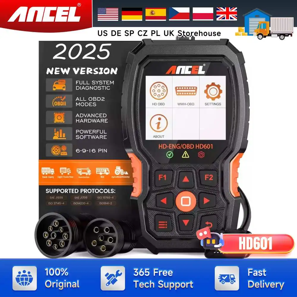 

ANCEL HD601 Сверхмощный сканер для грузовиков, диагностический инструмент, всесистемный сканер OBD2, считыватель кодов двигателя для Cummins Detroit