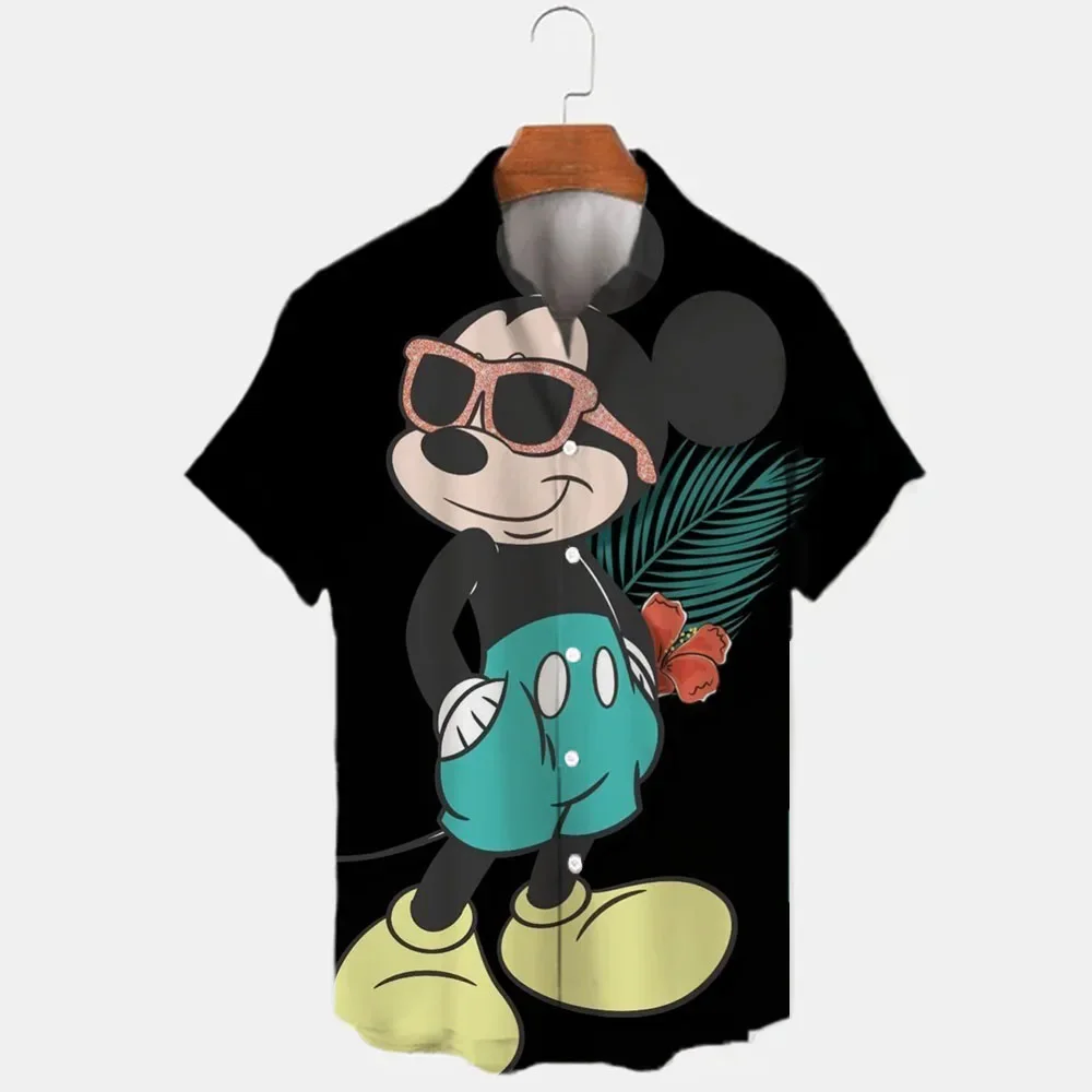 

Summer 2025 New Disney Stitching and Mickey Brand Cartoon Casual 3D Printed Short Sleeve Collar Shirt Slimming Men's Top