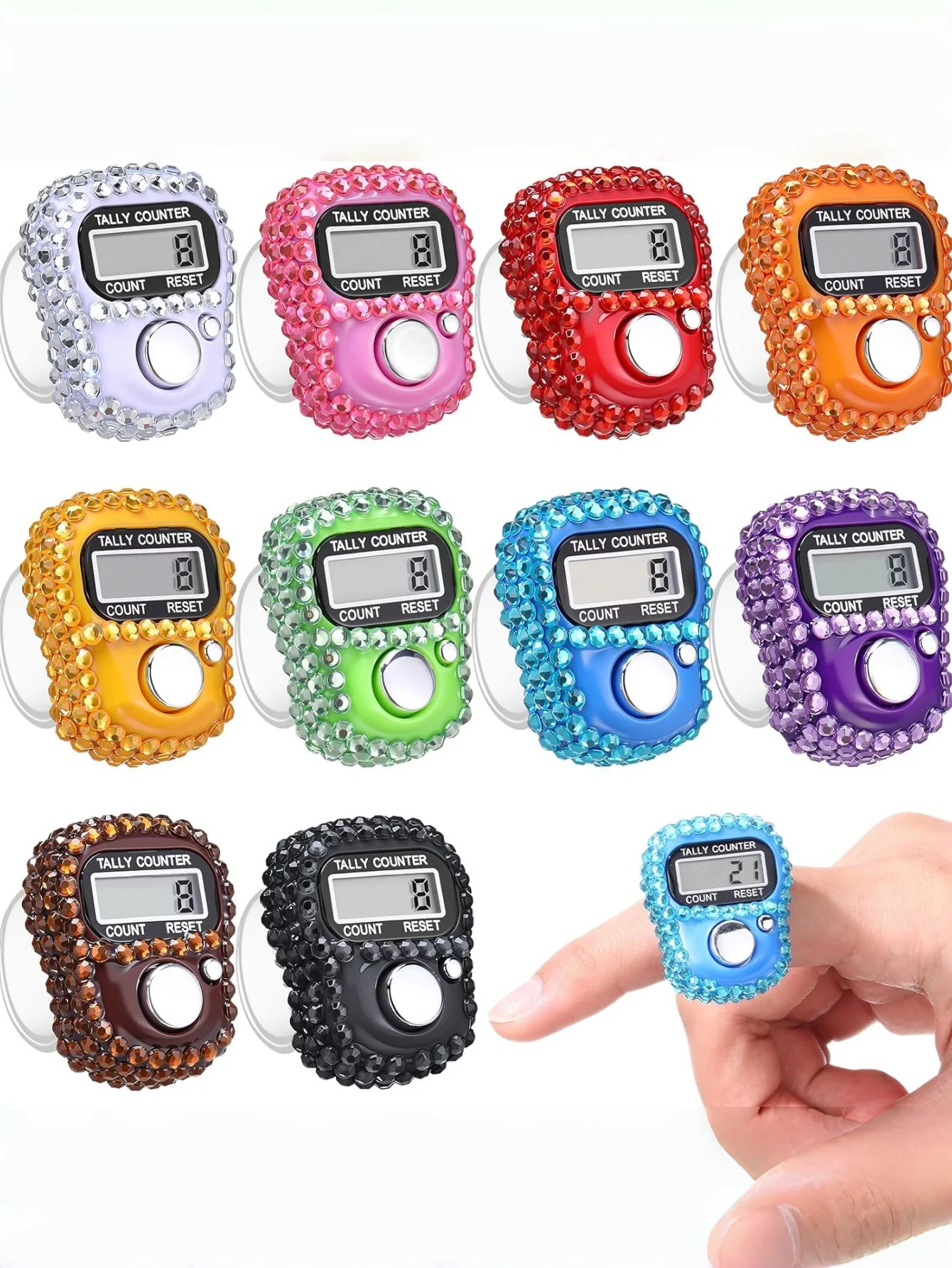6 Colors Available Sparkling Rhinestone Finger Counter Portable Clicker Fitness/Prayer/Activity Counting Tool Tasbih Resettable