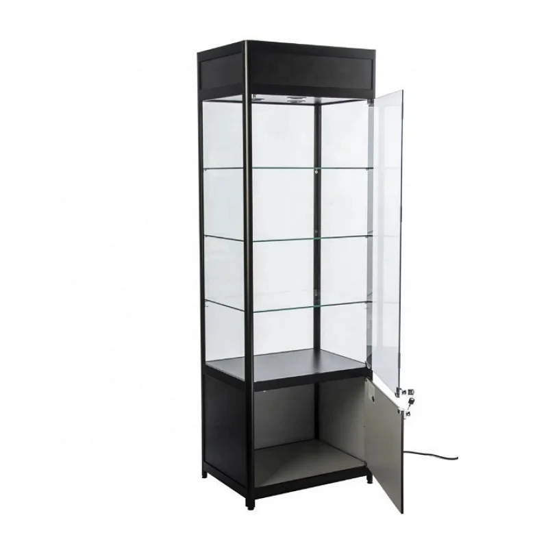 custom.Floor Standing Tower Display Showcase Wooden Tall Display Cabinet 3 Glass Shelves Display