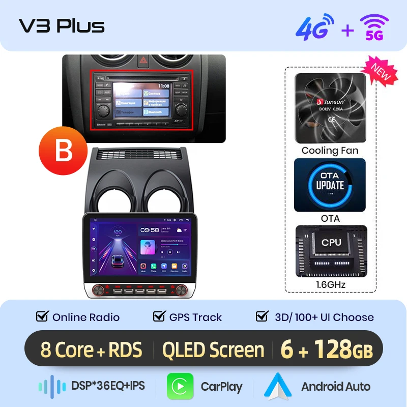 Junsun 13.1″ QLED Draadloze CarPlay Android Auto Autoradio Voor Nissan Qashqai J10 2006-2013 Intelligente Systemen DSP SWC RDS GPS