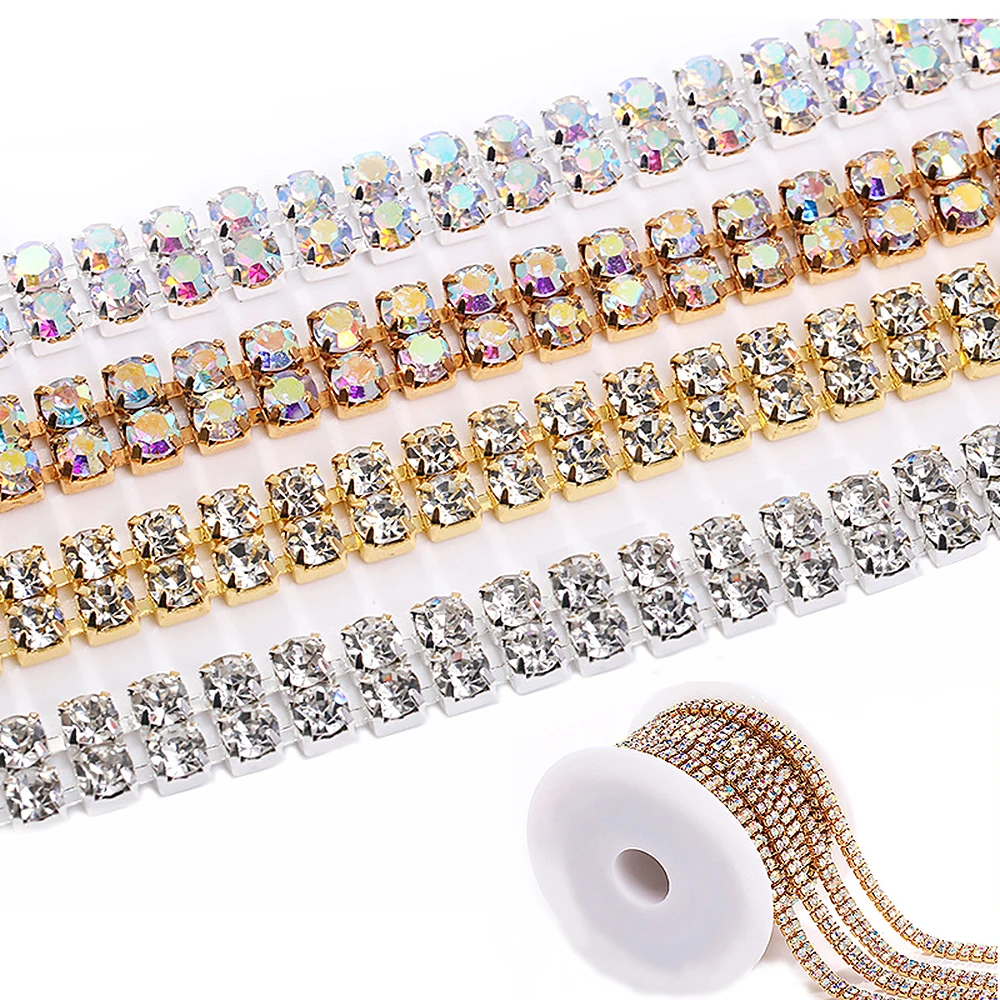 

SS6-SS16 Double Row Dense Claw Cup Rhinestones Chain Clear Crystals Stones Glass Beads Sew On Rhinestones Chain for Clothing