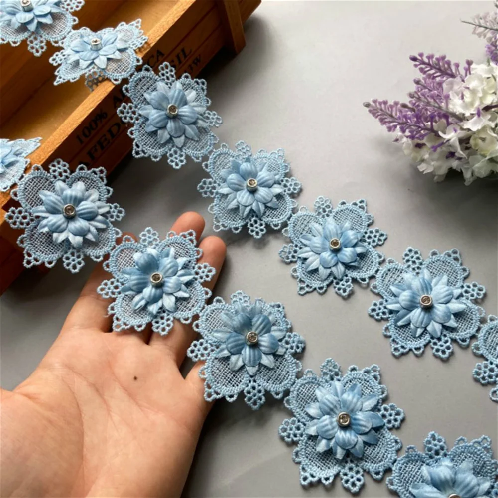 1 yard Blue Pearl Beaded Embroidered Flower Lace Trim Floral Applique Patches Fabric Sewing Craft Vintage Wedding Dress New