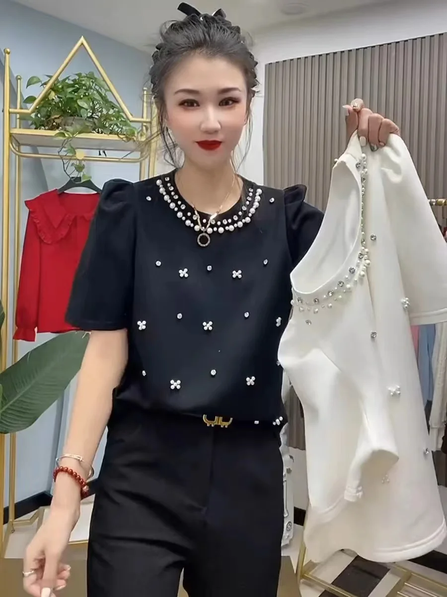 2024 Summer Peals Diamonds Beading Short Sleeve Sweater Women Knit T-shirt Sweet Fashion O-neck Black White Tees Ladies Tops Y2k