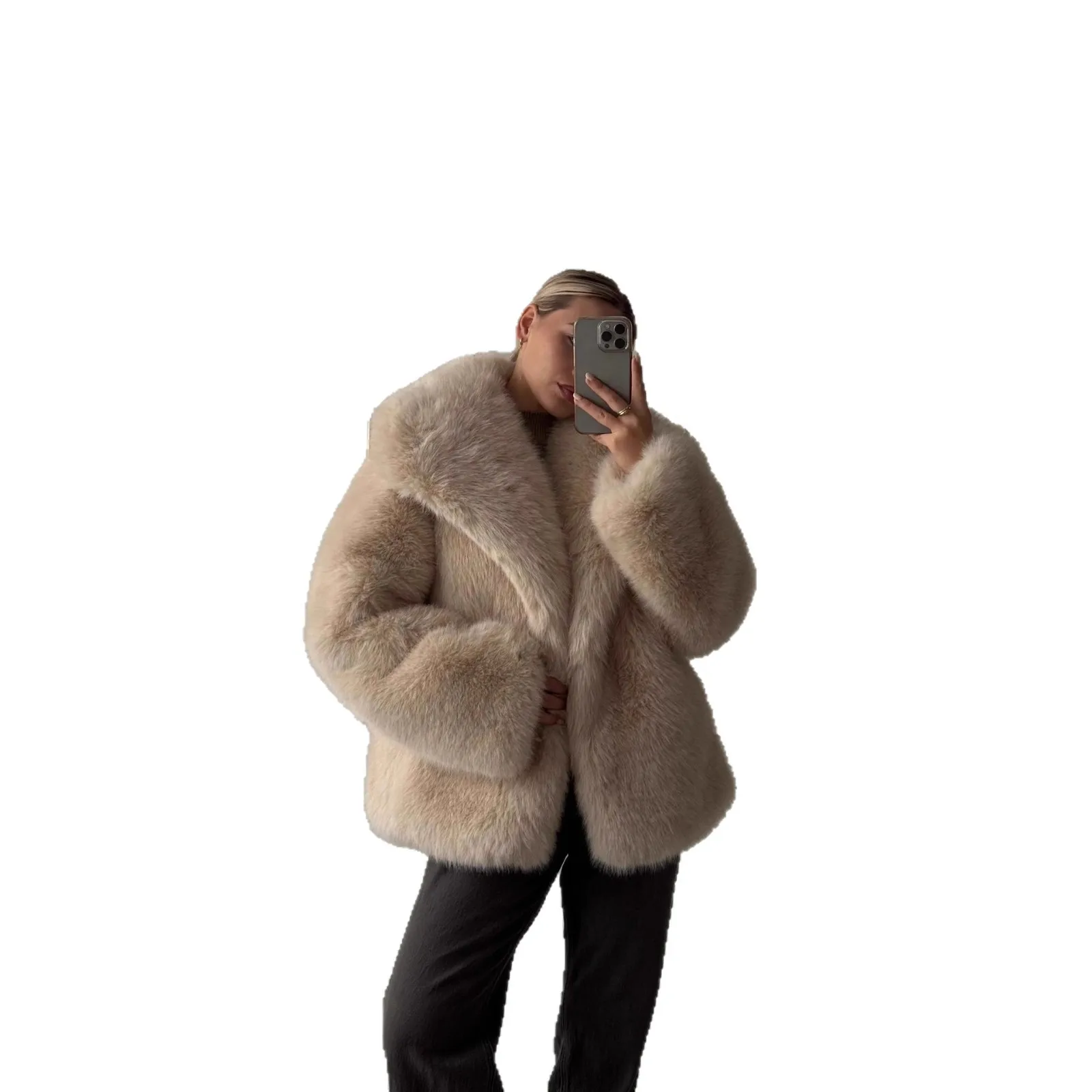 2025 Autumn Winter New Turn Down Collar Fluffy Fox Fur Imitation Fur Coat Women Rice Yellow Coffee Two Colors