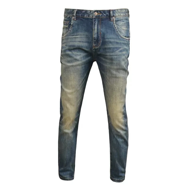 Autumn Vintage Blue Jeans Men Streetwear Casual Slim Fit Straight Pants Retro Scratched Denim Trousers