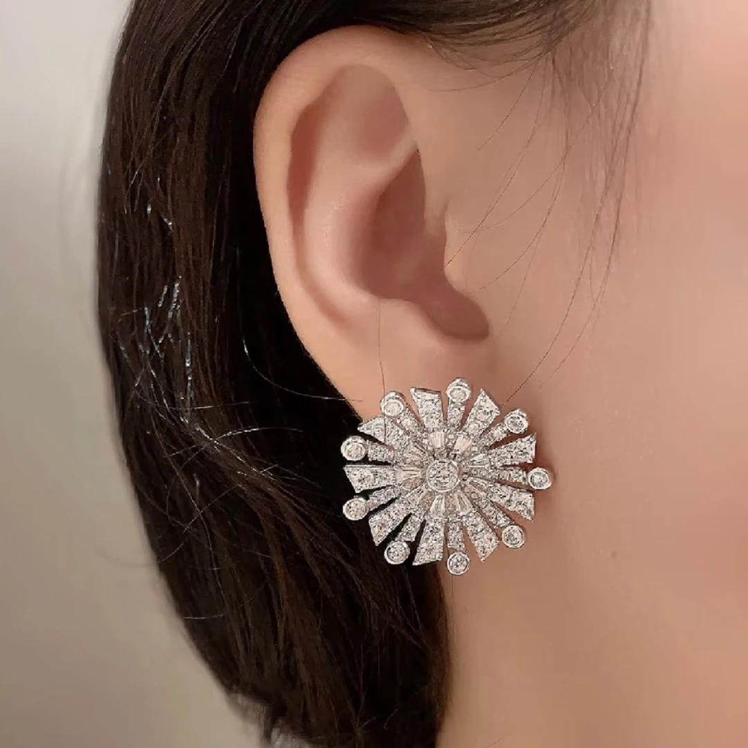 S925 Sterling Silver Full-Diamond Snowflake Women's Ear Nail 5A Grade CZ CNC Plated 18K Gold Fashion Dazzling Earrings