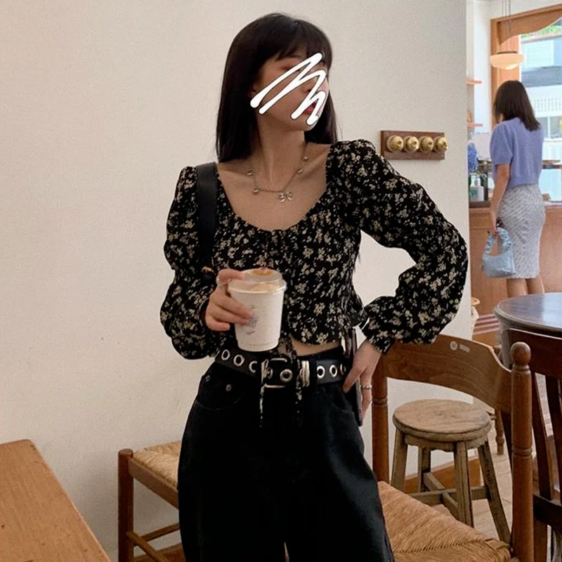 

Blouses Women Floral Vintage Long Sleeve Tops All-match Harajuku Sweet Korean Fashion Cropped Top Streetwear Cute Casual Simple