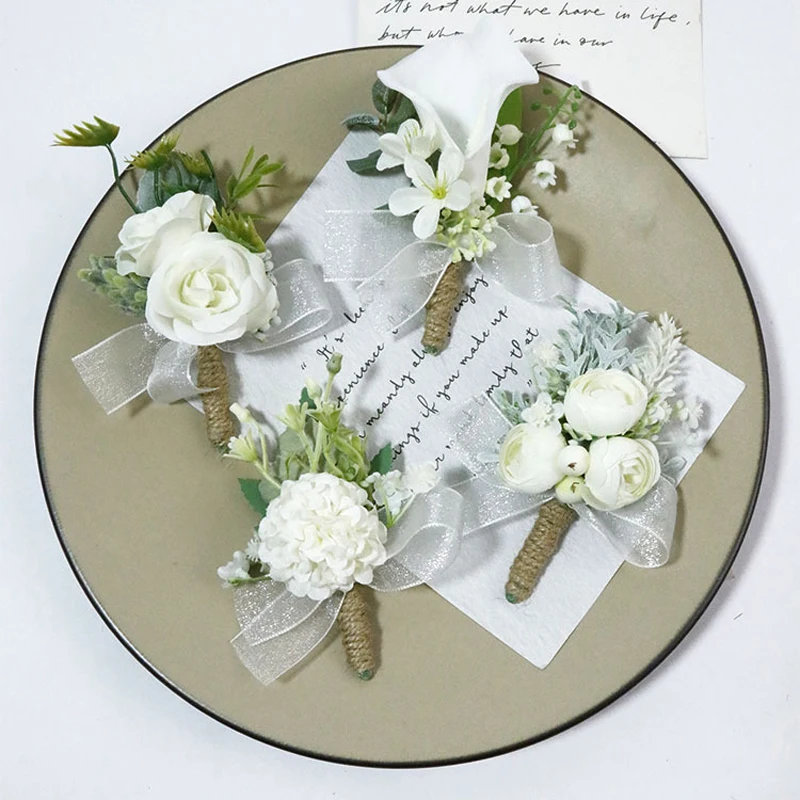 White Wedding Boutonniere Corsage Kunstmatige Bloemen Handgemaakte Bruidegom Pak Boutonniere Bruidsmeisje Accessoires