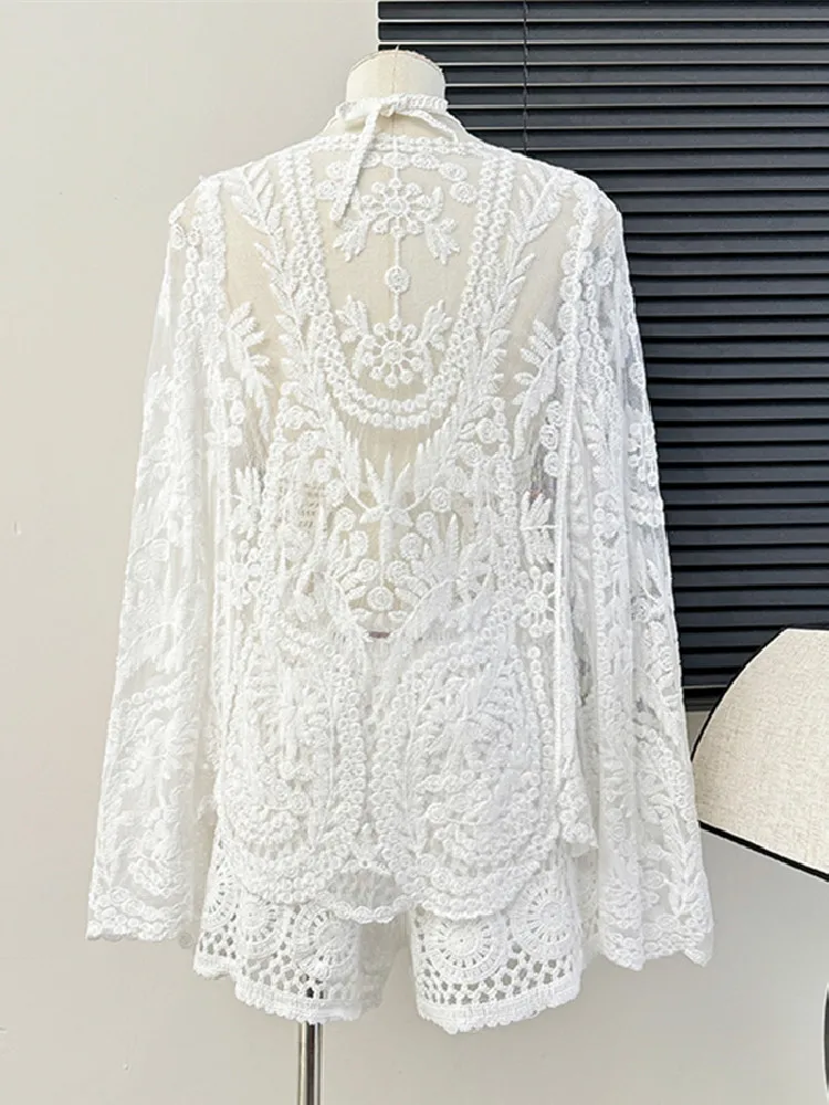 Summer New Beach Holiday Sweet Lace Cardigan Shawl Tassel Halter Top Hollow Shorts Three-Piece Set Female Fashion Outfits