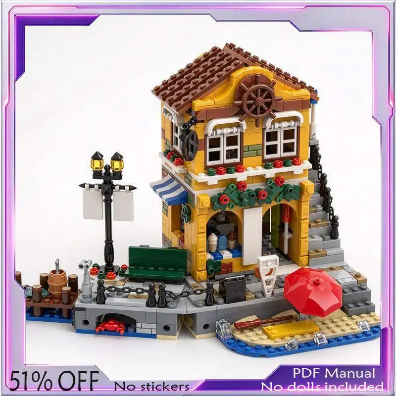 665PCS Seaside Restaurant Modular Building Blocks Custom MOC Model City Street View Dock DIY Assembly Creative Display Gift