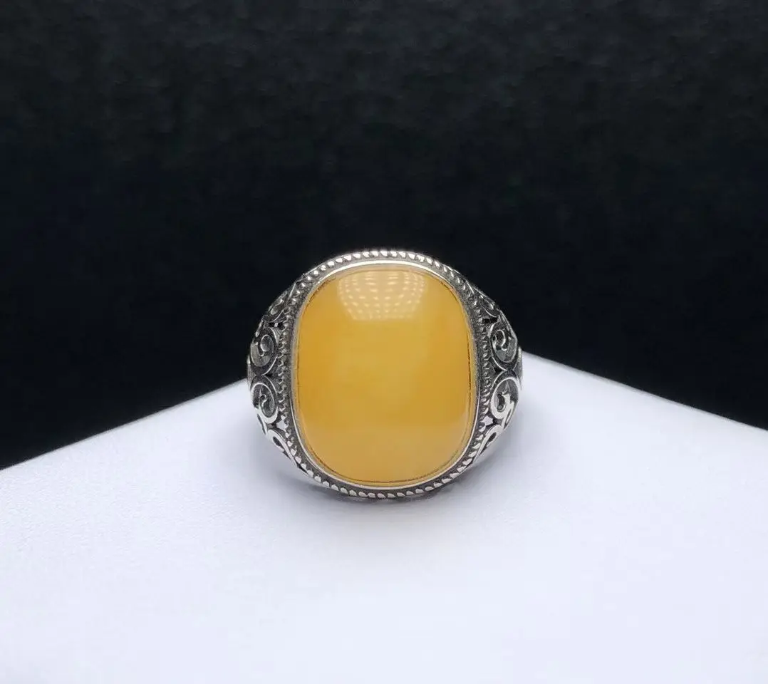 

Certificate 925 Silver Men Fine Jewelry Real Baltic Yellow Amber Cushion Cut Finger Band Ring For Gentleman Dad Father Male Gift