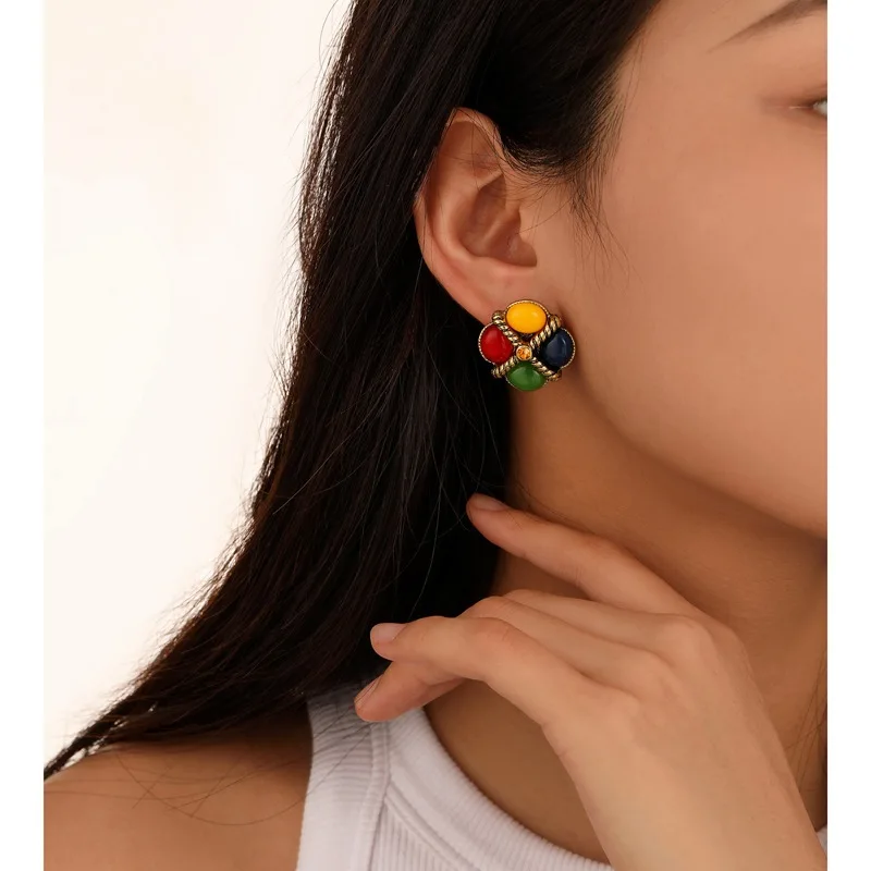 

French Vintage Colorful Square Designer Jewelry Earrings 925 Silver Minimalist Luxury Stud Antique Hypoallergenic Inspired Bear