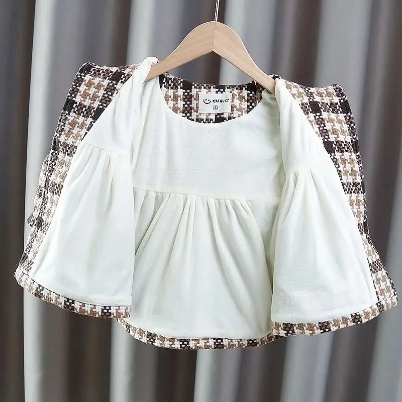 

Детские мягкие бархатные толстые теплые пальто для девочек, детская одежда на день рождения, 2025 год, зимние клетчатые пальто для маленьких девочек, элегантный воротник из искусственной кожи