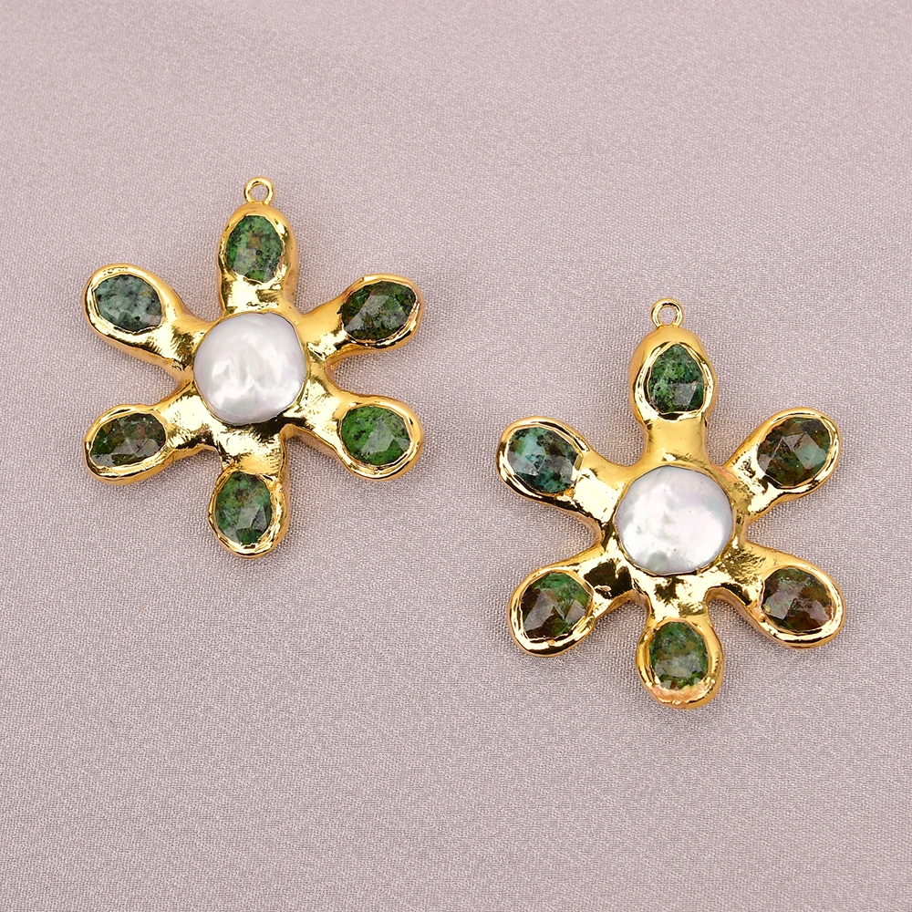 APDGG 2 Pcs Natural White Pearl Blue AfricanTurquoise Gold Edged Flower Shape Charms Pendant
