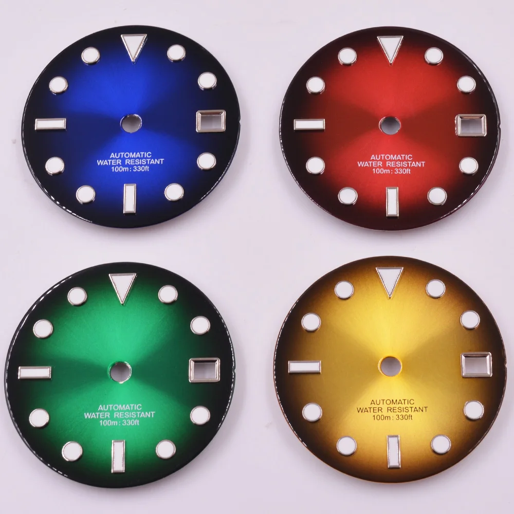 29mm Blue/Red/Yellow/Green Watch Dial Green luminous Fit NH35 NH36 Movement Watch Accessories Sterile Dial