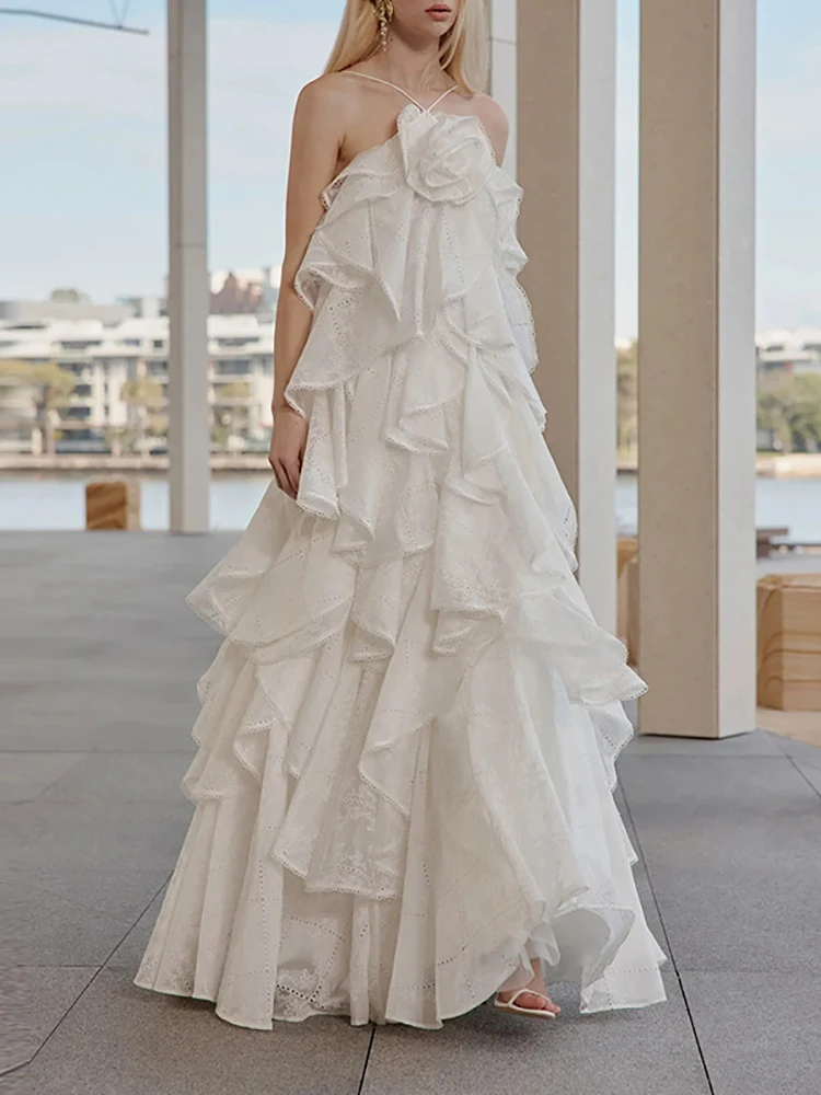 

Solid Patchwork 3D Rose Tiered Maxi Dresses for Women Halter Sleeveless Temperament Elegant Dress Female Formal Fashion Clothing