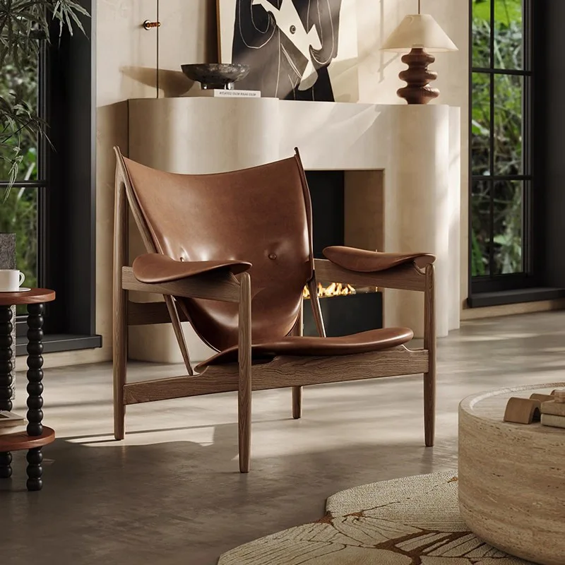 Mid‑Century Style Chieftain Lounge Chair, Waxed Leather Seat with Ash Black Walnut Wood Frame for Home Decor