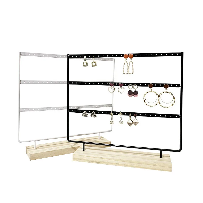 Metal 6 Layers Earring Display Holder Ear Stud Display Rack Wood Base 3-Tiers 69 Holes Jewelry Storage Organizer Stand Reusable
