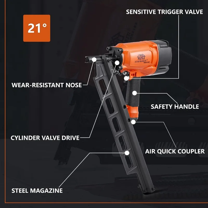 أداة إطارات عالية السرعة، مسدس أظافر بتأطير هوائي 21 درجة، إطار كامل الرأس من البلاستيك المطلي بطول 2 بوصة حتى 3-1/4 بوصة #3