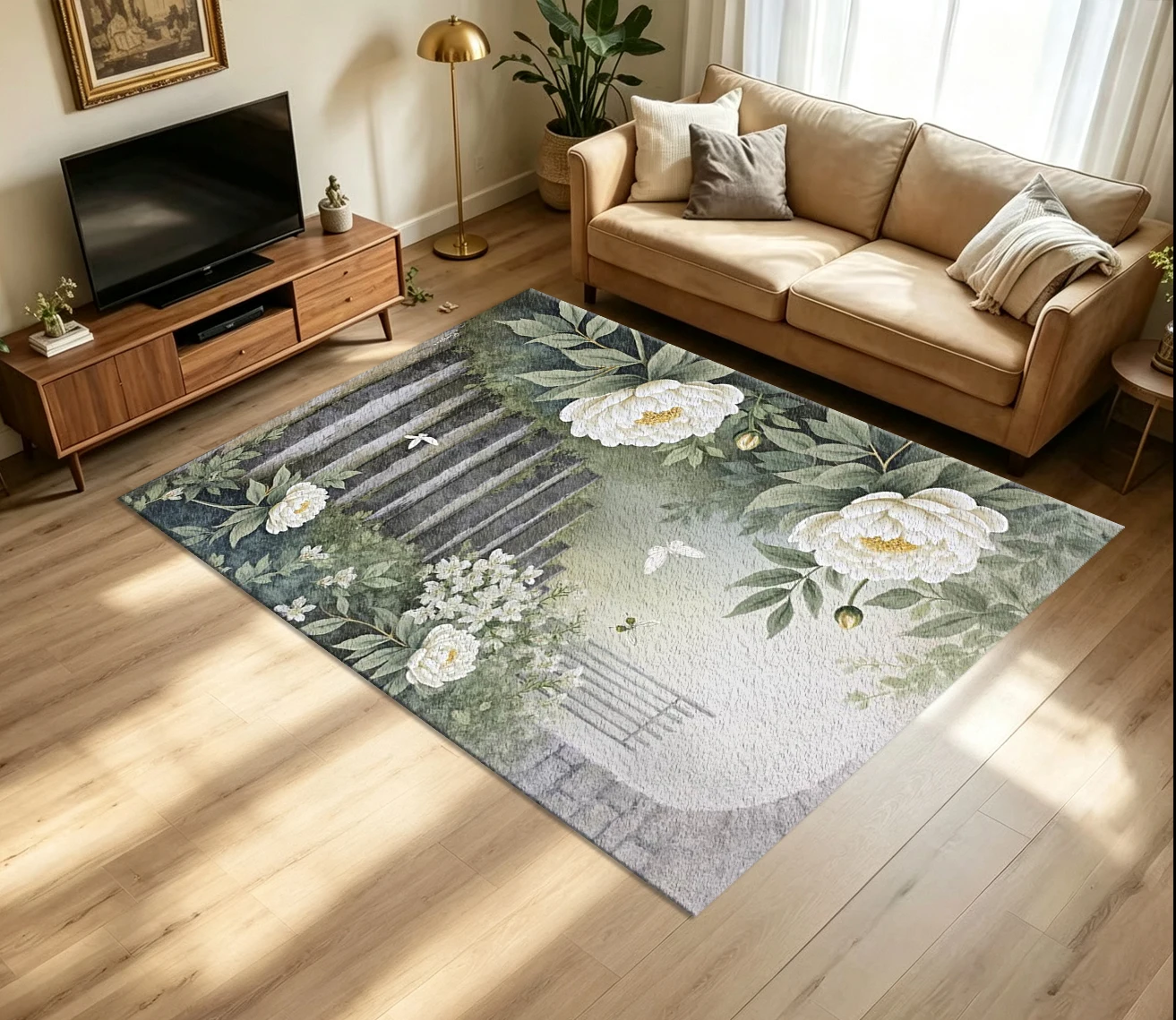 White Peony Garden Fence Butterfly Carpet Flooring Vintage Botanical Scenery Printed Floor Rug for Bedroom Living Room Home Decor