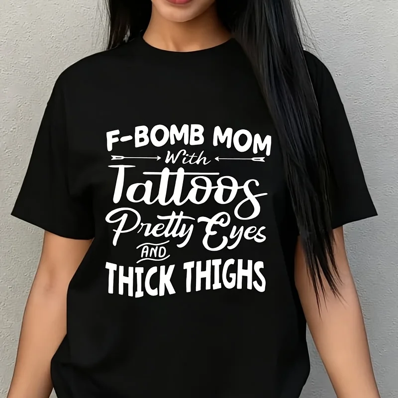 Fbomb Mom Graphic with Tattoos Pretty Eyes and Thick Thighs Women's Plus Size T-Shirt 100% Cotton 220g