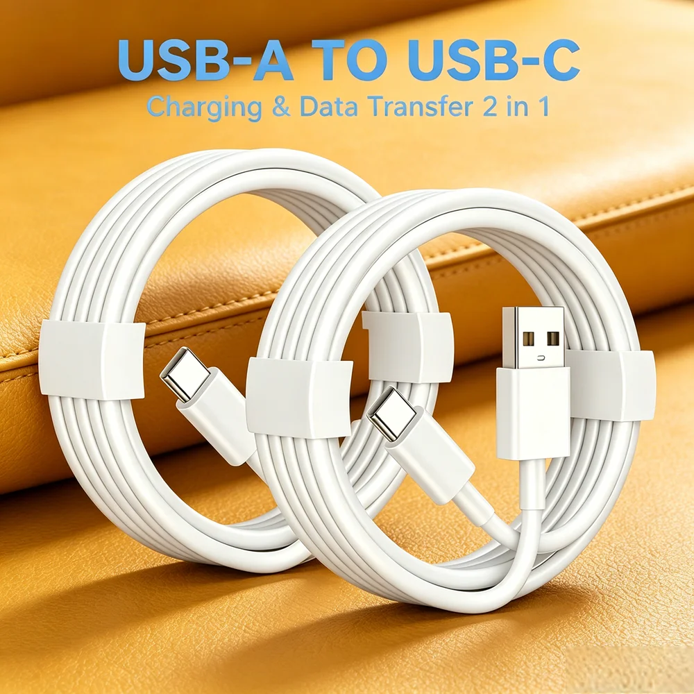 2 M 2-Pack USB-A Type C Fast Charging Cord, High Speed Data Sync Cable for iPhone 15-17 Samsung Huawei Lenovo Digital Gadgets
