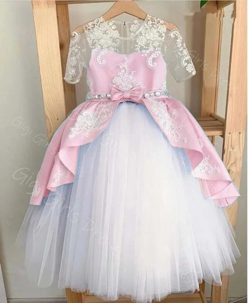 Vestido de niña de flores realimado para boda 2-14 niños vestido de comunión de manga corta con cuello transparente y fajas de cristal personalizado