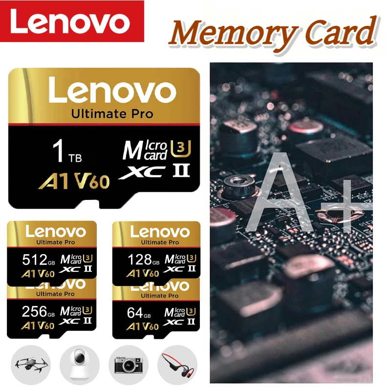 Cartão de Memória Micro SD Lenovo de Alta Velocidade TF Flash Card V60 U3 1TB 512GB 256GB para Câmeras, Dispositivos de Vigilância, Celulares e Drones