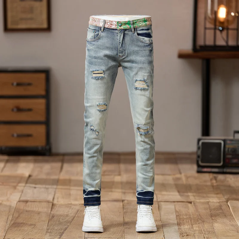 مخيط طباعة تصميم قسط العصرية الدنيم السراويل الرجال ممزق 2025 جديد الشارع الشهير الأمريكية خمر سليم صالح نحيل الجينز