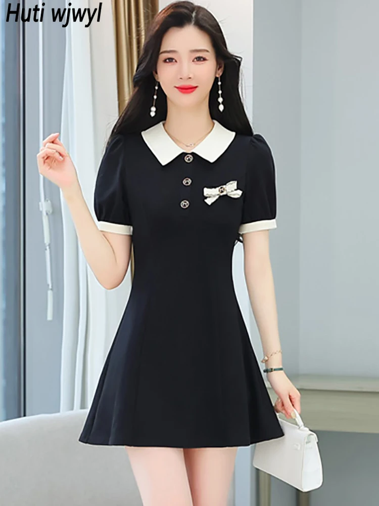 

2024 Black Korean Bodycon Chic Prom Clothes Summer Short Sleeve Polo Collar Bow Dress Women Fashion Elegant Casual Short Dresses