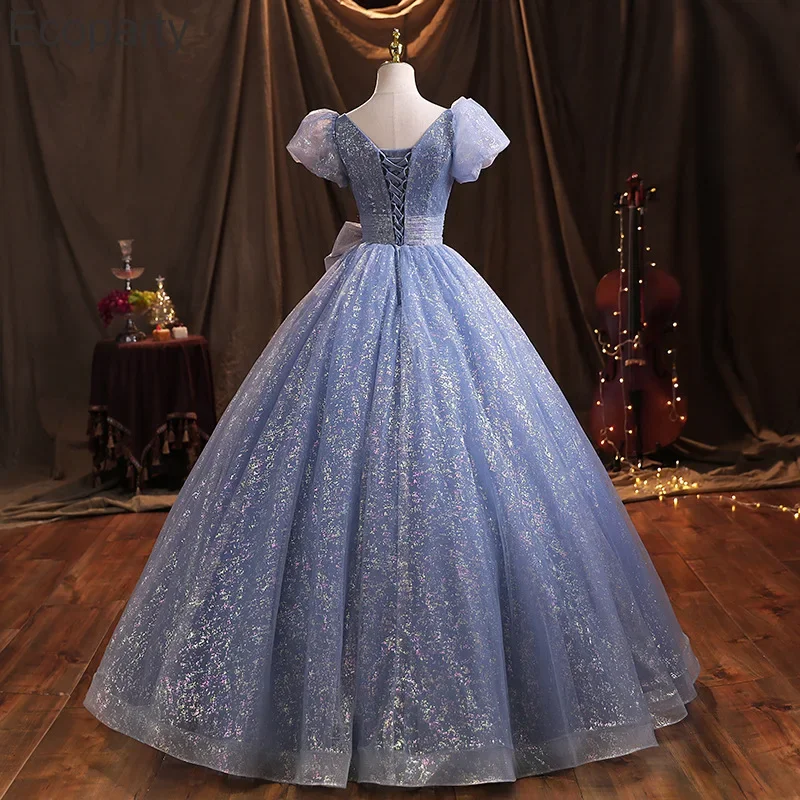 Women Glitter Prom Gown Puff Sleeves Princess Dress Blue V-Neck Sparkling Robe Stage Show Perform Costume Evening Party Vestidos